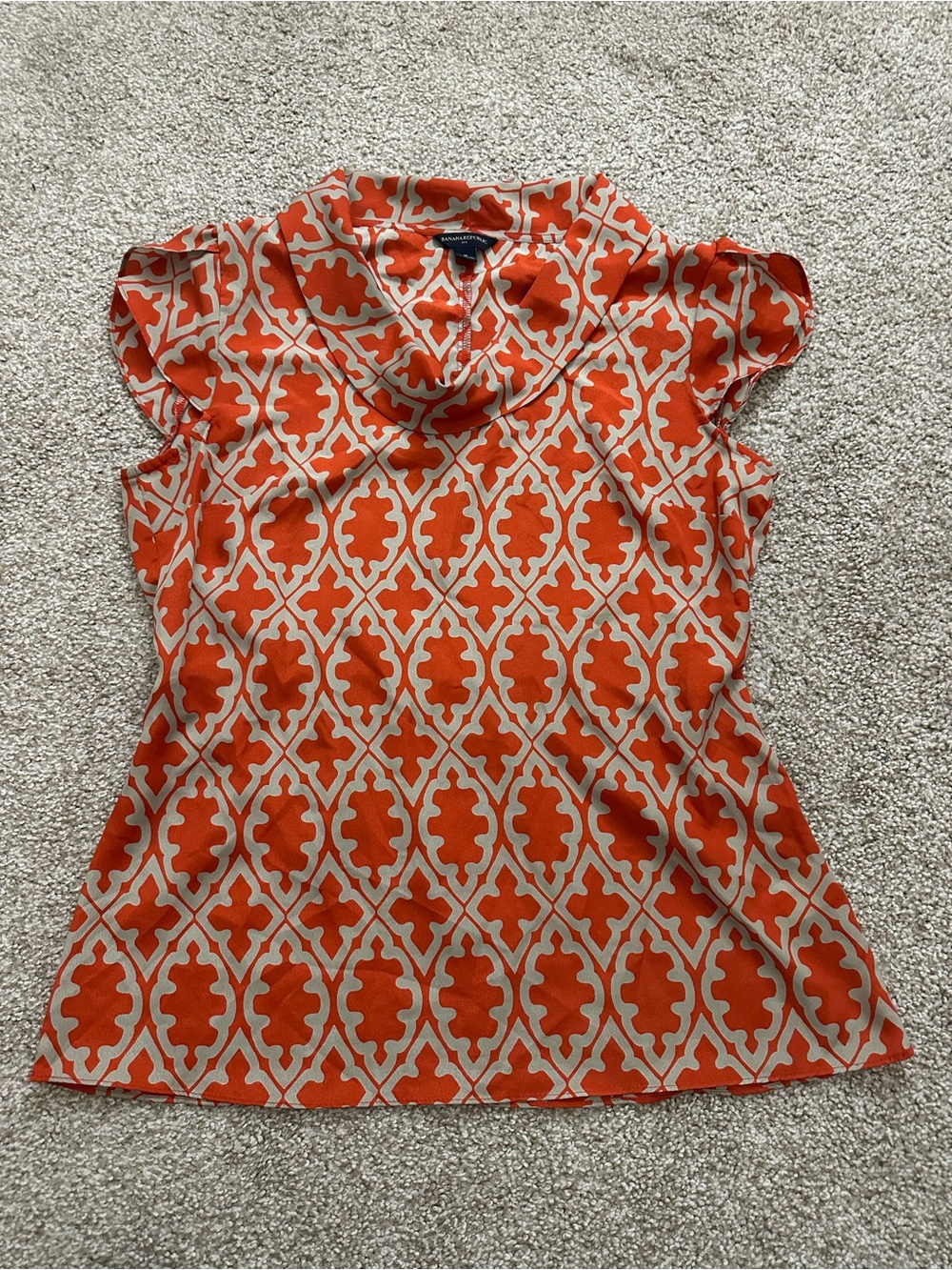 Banana Republic Cowl Neck Blouse | Orange & Tan Geometric Print | Size M - Picture 2 of 7